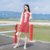 2018秋装新款韩版女装修身显瘦长袖喇叭袖系带打底针织连衣裙裙子(西瓜红)(L)第3张高清大图