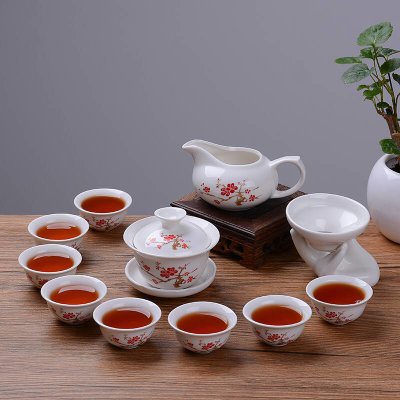 13件套功夫茶具套装茶杯茶壶整套陶瓷茶具家用茶具盖碗白瓷陶瓷现代简约盖碗喝茶壶 多选择(12件套功夫茶具【山水】)