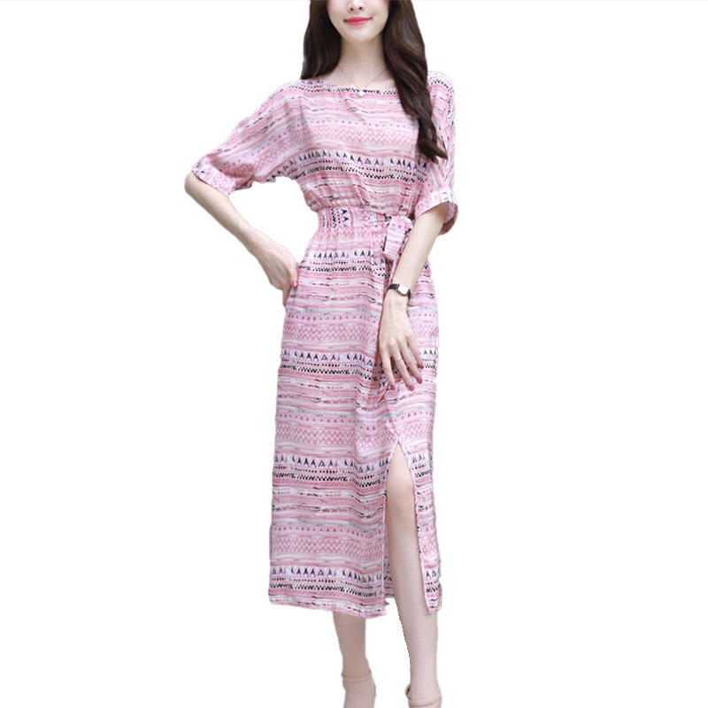 长裙女夏装2018新款女装时尚韩版粉色开叉连