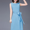 欧美时尚无袖连衣裙女2021夏季新款女装气质收腰中裙子(天蓝色 S)