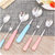 陶瓷柄不锈钢水果叉子甜品小勺子E145家用餐具调羹长柄汤勺lq2900(蓝色小勺)第2张高清大图