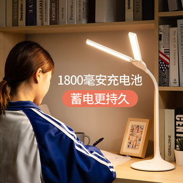 充电式LED台灯学生护眼书桌宿舍床头双头台灯(典雅白+usb充电线)