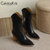 CaldiceKris（中国CK）冬季新款尖头V口骑士高跟中筒女靴（绒里）CK-X6992-2(杏色 34)第5张高清大图