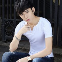 左岸男装 夏季新款男士V领短袖T恤韩版修身青年潮流时尚纯色纯棉半袖上衣衫(白色 4XL)