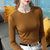 MISS LISA莫代尔t恤时尚圆领薄款长袖打底衫纯色弹力内搭上衣J1D2213(卡其 M)第3张高清大图