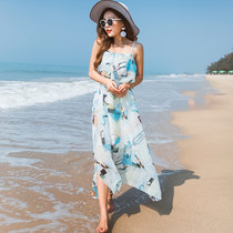 莉菲姿 夏季女装裙子吊带高腰大摆雪纺连衣裙海边度假沙滩裙长裙(图片色 XL)
