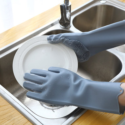 御良材 硅胶洗碗手套一双装 厨房刷碗神器 多功能耐用防水手套 家务清洁手套(灰) YG-ST-1SH(灰色)