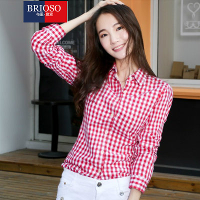 BRIOSO新款 女式纯棉棋盘格子长袖衬衫 女衬衣(B142110027)