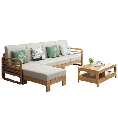 吉木多 北欧实木现代简约组合布艺L字型沙发(原木色 1+2+3+长茶几+方几)