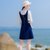 2018秋装新款韩版修身显瘦长袖喇叭袖背带裙两件套连衣裙套装裙(蓝色)(XS)第4张高清大图
