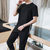 森雷司夏季短袖休闲运动T恤套装男士韩版潮流一套搭配帅气夏装衣服(黑色 XXXL)第2张高清大图