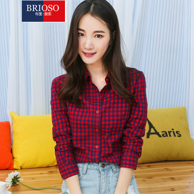 BRIOSO 2015女式新款小清新棋盘格子衬衫 女格子衬衫(B142110027 XXXL)