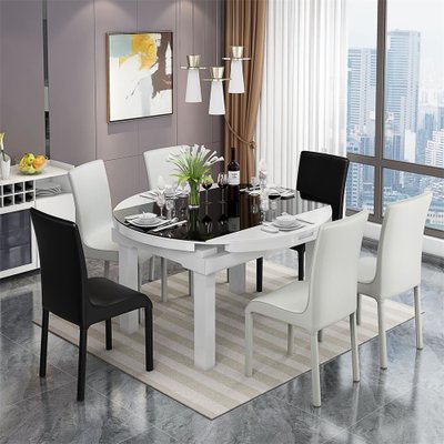A家 家具 餐桌 现代简约餐桌椅 钢化玻璃餐桌折叠伸缩圆餐桌椅组合 黑白拼色(餐桌)