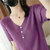 袖熙  短袖T恤女2022夏新款外穿V领针织衫薄款宽松打底上衣潮(紫色 M)第9张高清大图