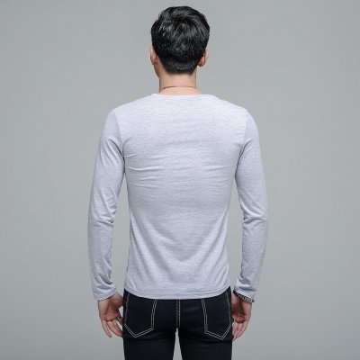 Bebeeru精梳棉V领男士长袖T恤男式纯色打底衫大码体恤运动上衣修身夏装R101 秒(R101灰色 M)