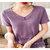 【新款】女士100%纯棉抽绳V领带扣短袖(浅紫色 XL)第4张高清大图