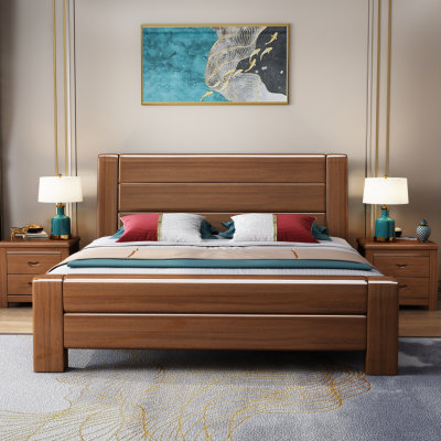 吉木多 胡桃木现代中式实木床1.8米双人床 高箱主卧婚床新中式1.5m储物床(1.5*2米胡桃色 单床)