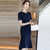 MISS LISA韩版时尚气质圆领高腰中长款连衣裙大码裙子KL908-1(深蓝色 XXL)第4张高清大图