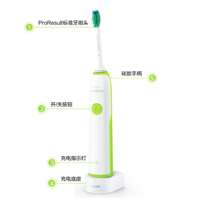 飞利浦(Philips)电动牙刷成人声波充电式自动智能家用震动情侣牙刷HX3216(绿色)