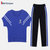 波梵森运动套装女夏装2021新款时尚大码洋气短袖长裤休闲跑步服两件套薄(蓝色 M)第5张高清大图