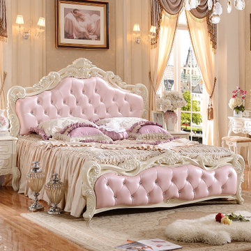 圣肯尼家具 欧式床套装双人床法式公主床雕花简约床卧室(白/粉 1.8米床+2个床头柜+床垫)