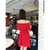 女夏高腰显瘦吊带露肩一字肩红色连衣裙2018新款小个子红裙子(红色(如图) S)第4张高清大图